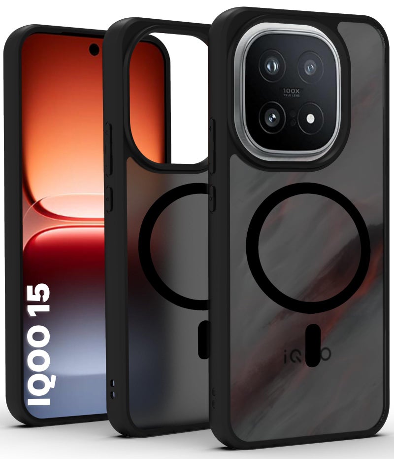 RIGGEAR Shockproof Sleek Hybrid Armor Magnetic Back Cover Case Compatible with MagSafe Accessories for iQOO 15 5G (Smoke Black Matte PC + Black TPU Bumper) - Image 1