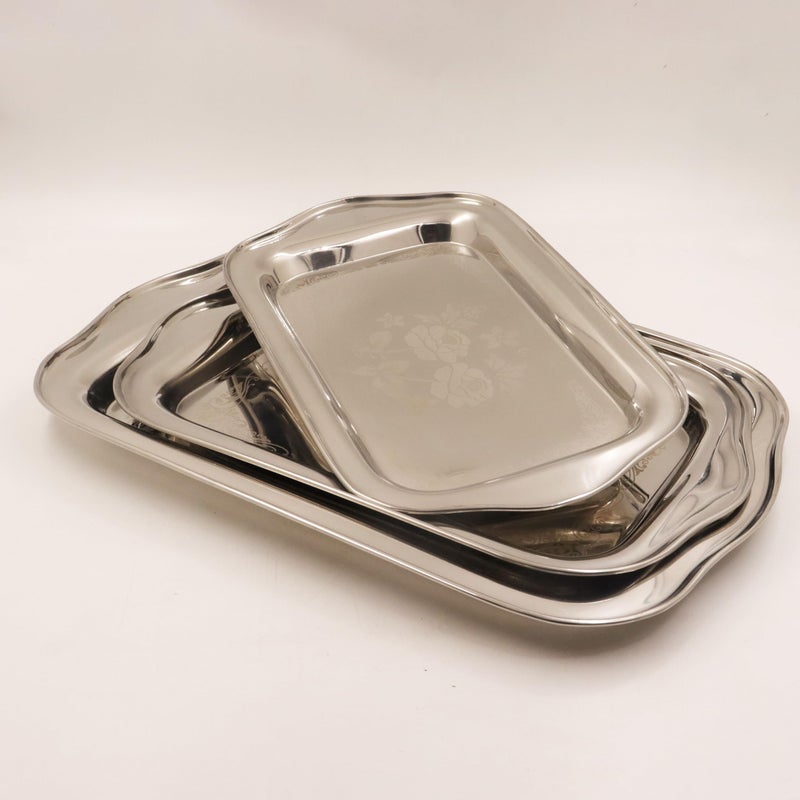 Spillbox Stainless Steel Multipurpose Serving Tray| Poonam Tray|SS Tray|Food Grade Material|Dinnerware |Mirror Finish[NetWeight:1320gm]-Rose Tray Set of 3 - Image 1