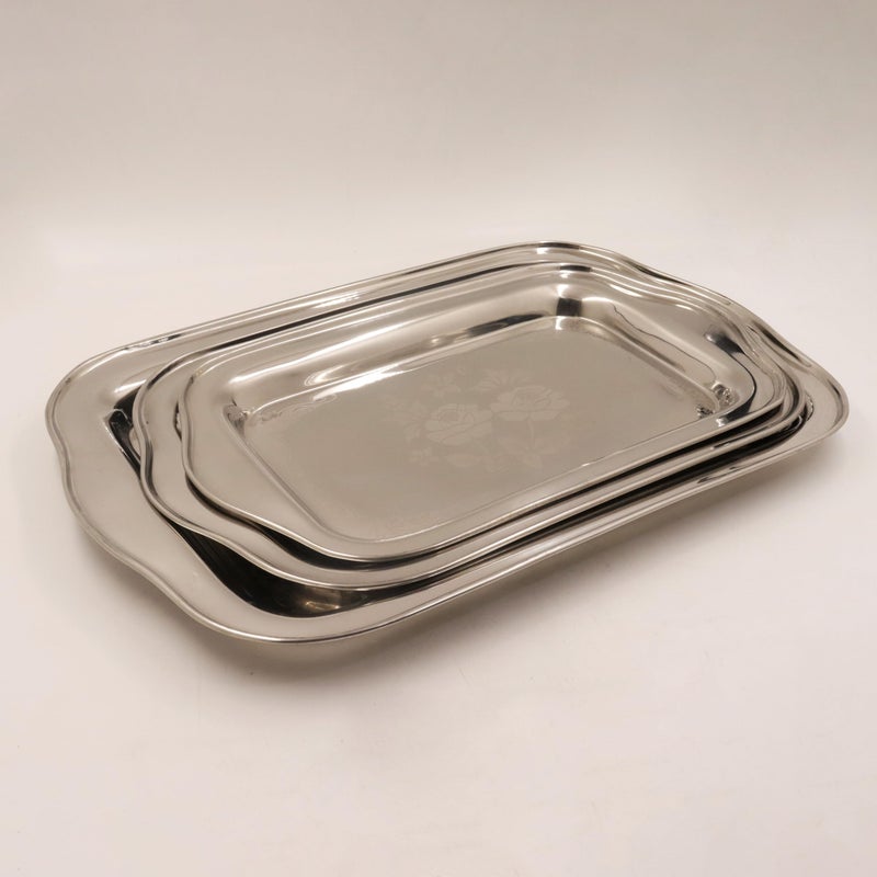 Spillbox Stainless Steel Multipurpose Serving Tray| Poonam Tray|SS Tray|Food Grade Material|Dinnerware |Mirror Finish[NetWeight:1320gm]-Rose Tray Set of 3 - Image 5