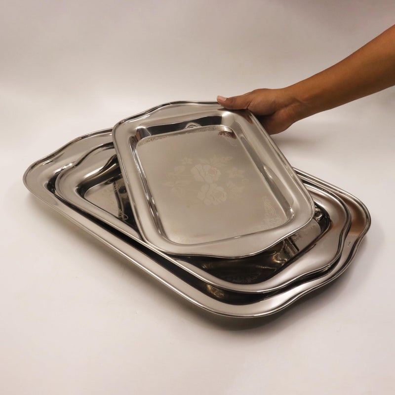 Spillbox Stainless Steel Multipurpose Serving Tray| Poonam Tray|SS Tray|Food Grade Material|Dinnerware |Mirror Finish[NetWeight:1320gm]-Rose Tray Set of 3 - Image 3
