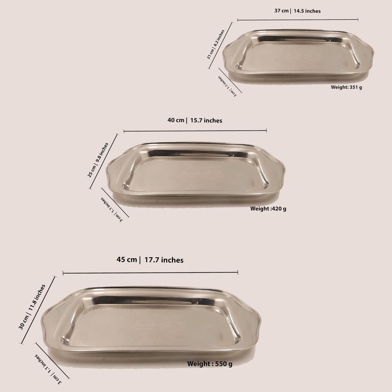 Spillbox Stainless Steel Multipurpose Serving Tray| Poonam Tray|SS Tray|Food Grade Material|Dinnerware |Mirror Finish[NetWeight:1320gm]-Rose Tray Set of 3 - Image 4