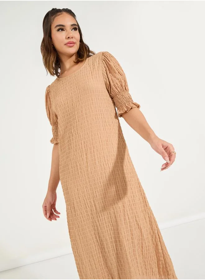 Styli Textured Puff Sleeves Shift Midi Dress