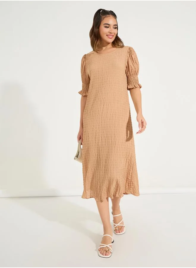Styli Textured Puff Sleeves Shift Midi Dress