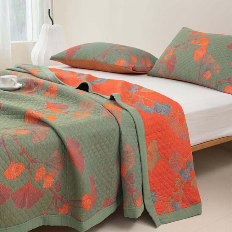 Purefair 100% Cotton Muslin Blanket Jacquard Green Orange Floral Ginkgo Leaves Quilt, Soft Bed Cover Lightweight Breathable Gauzy Reversible Bedspread Coverlet Twin(59"x94"), No Pillow Sham - Image 3