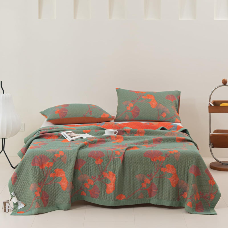 Purefair 100% Cotton Muslin Blanket Jacquard Green Orange Floral Ginkgo Leaves Quilt, Soft Bed Cover Lightweight Breathable Gauzy Reversible Bedspread Coverlet Twin(59"x94"), No Pillow Sham - Image 1