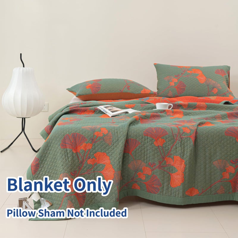 Purefair 100% Cotton Muslin Blanket Jacquard Green Orange Floral Ginkgo Leaves Quilt, Soft Bed Cover Lightweight Breathable Gauzy Reversible Bedspread Coverlet Twin(59"x94"), No Pillow Sham - Image 2