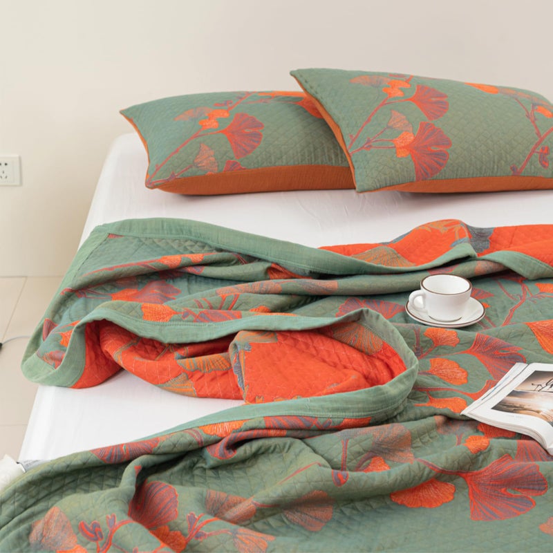 Purefair 100% Cotton Muslin Blanket Jacquard Green Orange Floral Ginkgo Leaves Quilt, Soft Bed Cover Lightweight Breathable Gauzy Reversible Bedspread Coverlet Twin(59"x94"), No Pillow Sham - Image 4