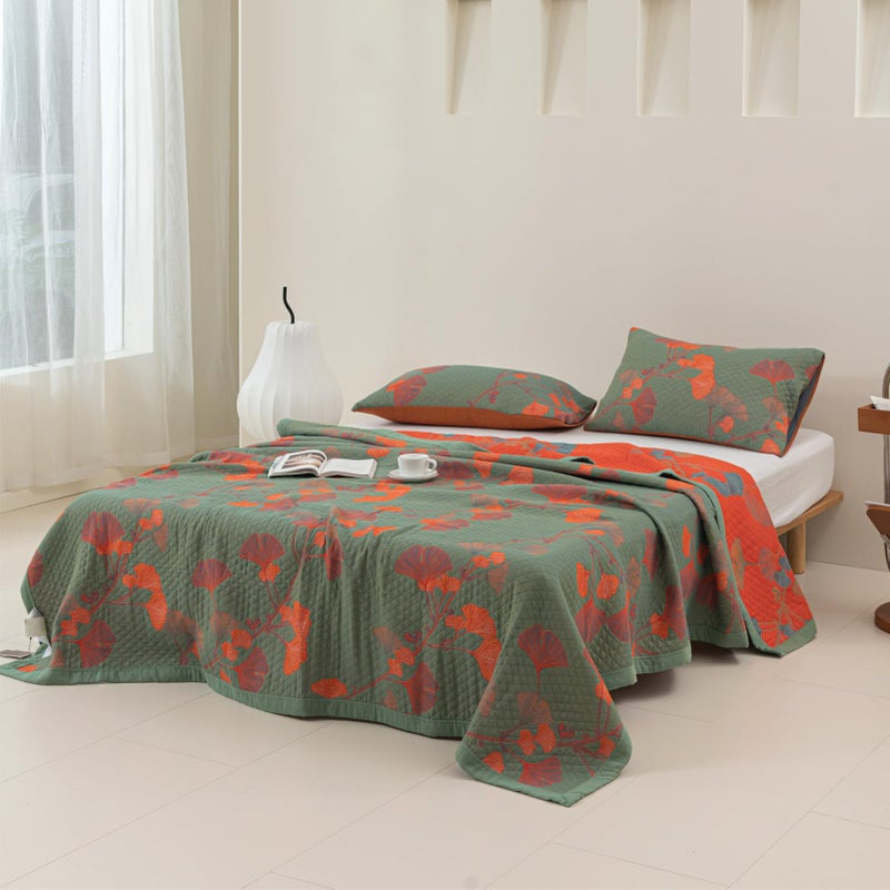 Purefair 100% Cotton Muslin Blanket Jacquard Green Orange Floral Ginkgo Leaves Quilt, Soft Bed Cover Lightweight Breathable Gauzy Reversible Bedspread Coverlet Twin(59"x94"), No Pillow Sham - Image 5