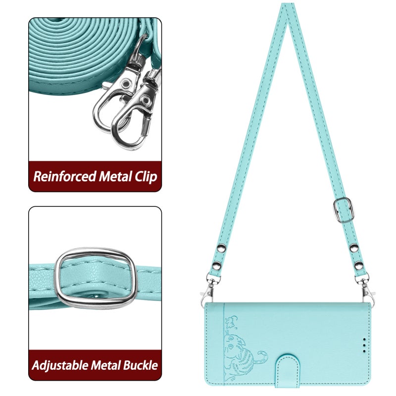 HuHa Case Cover For iPhone 12/12 Pro Cat Rat Embossed Pattern RFID Leather Phone Case with Lanyard(Mint Green) - Image 3