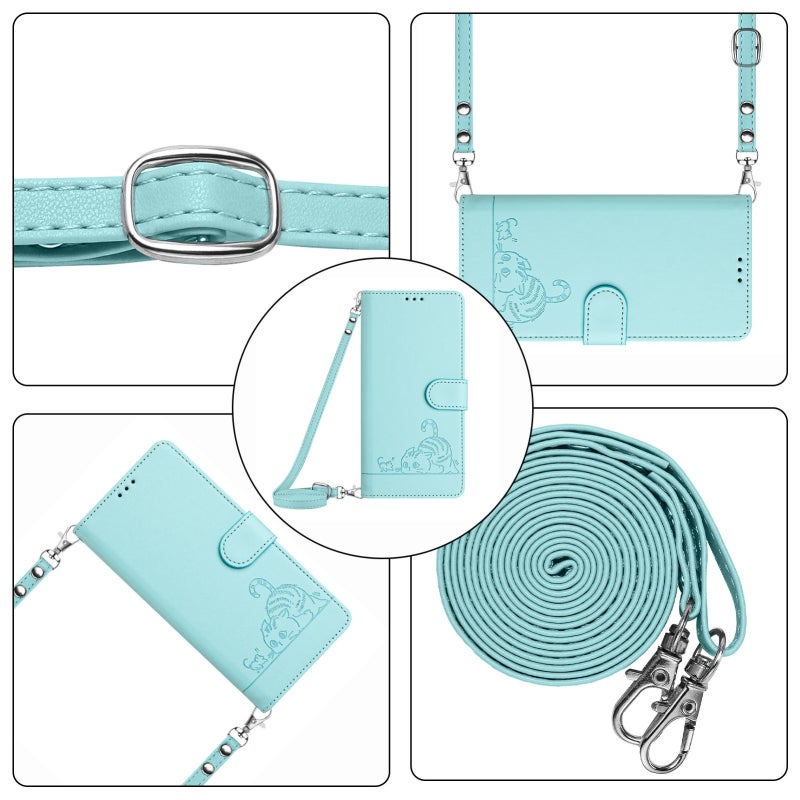 HuHa Case Cover For iPhone 12/12 Pro Cat Rat Embossed Pattern RFID Leather Phone Case with Lanyard(Mint Green) - Image 2