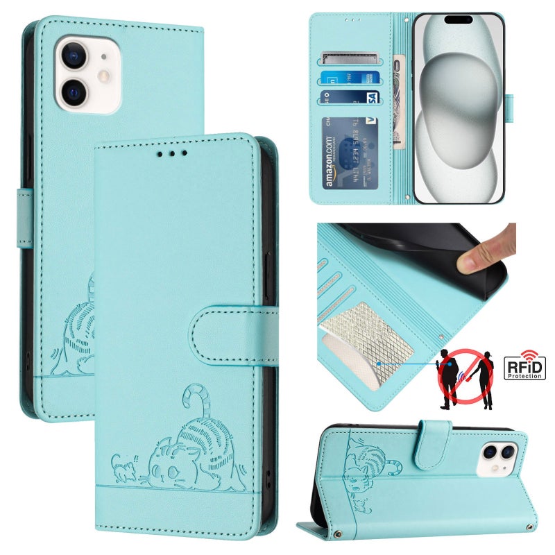 HuHa Case Cover For iPhone 12/12 Pro Cat Rat Embossed Pattern RFID Leather Phone Case with Lanyard(Mint Green) - Image 1