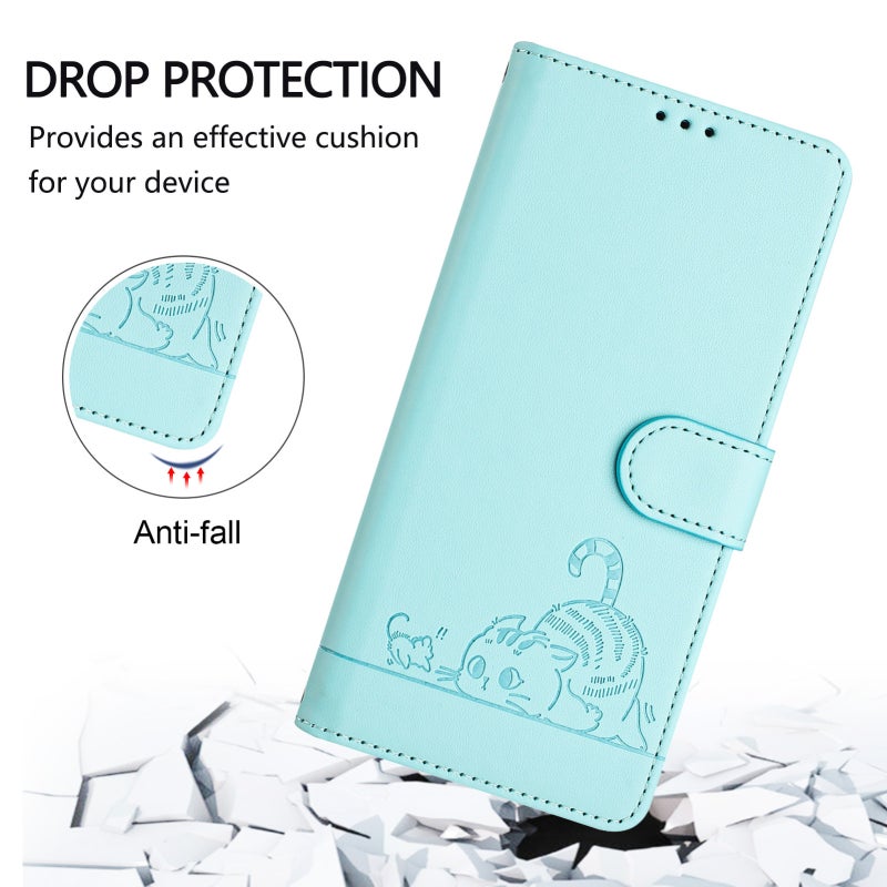 HuHa Case Cover For iPhone 12/12 Pro Cat Rat Embossed Pattern RFID Leather Phone Case with Lanyard(Mint Green) - Image 4