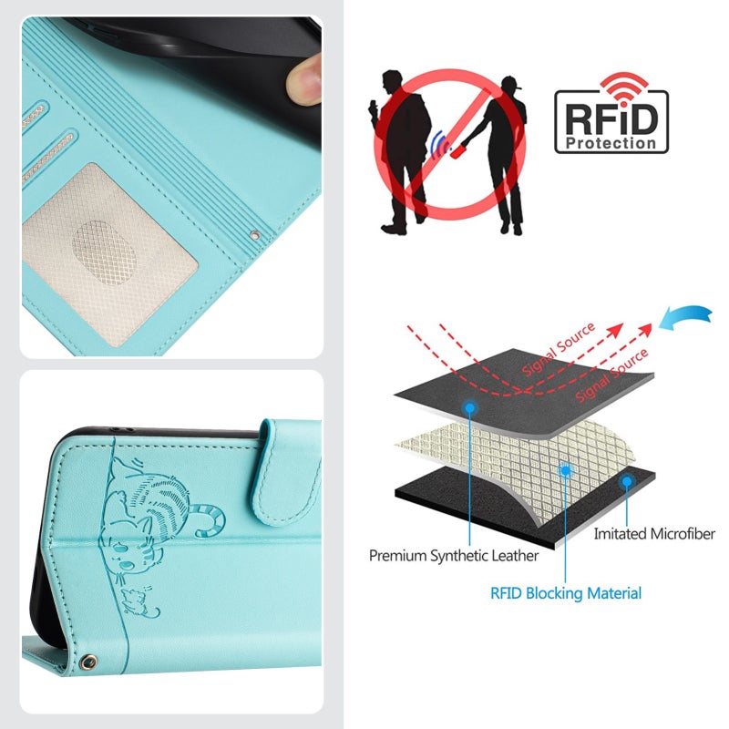 HuHa Case Cover For iPhone 12/12 Pro Cat Rat Embossed Pattern RFID Leather Phone Case with Lanyard(Mint Green) - Image 5