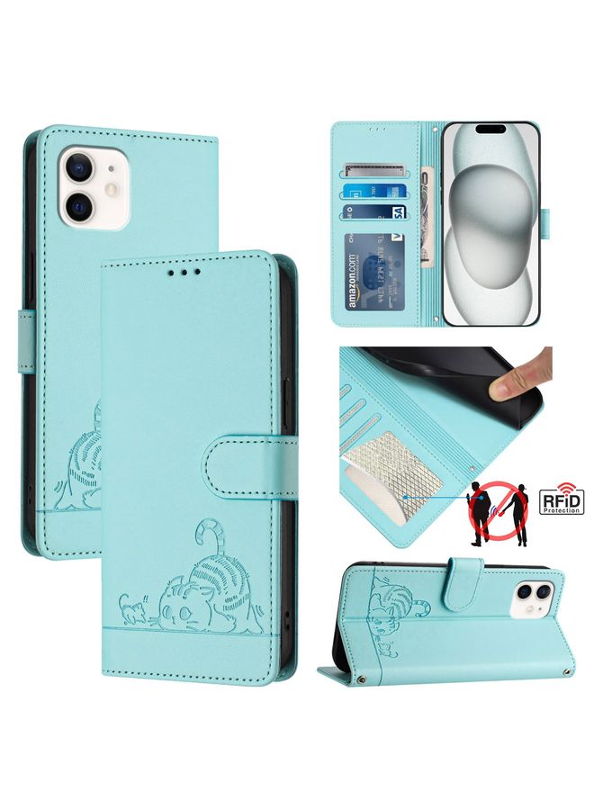HuHa Case Cover For iPhone 12/12 Pro Cat Rat Embossed Pattern RFID Leather Phone Case with Lanyard Mint Green 