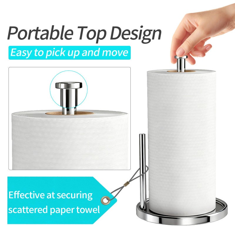 STWWO Paper Towel Holder Countertop, Standing Paper Roll Holder with Anti Slip Weighted Base, Stainless Steel Freestanding Paper Towel Holder for Kitchen, Chrome - Image 2