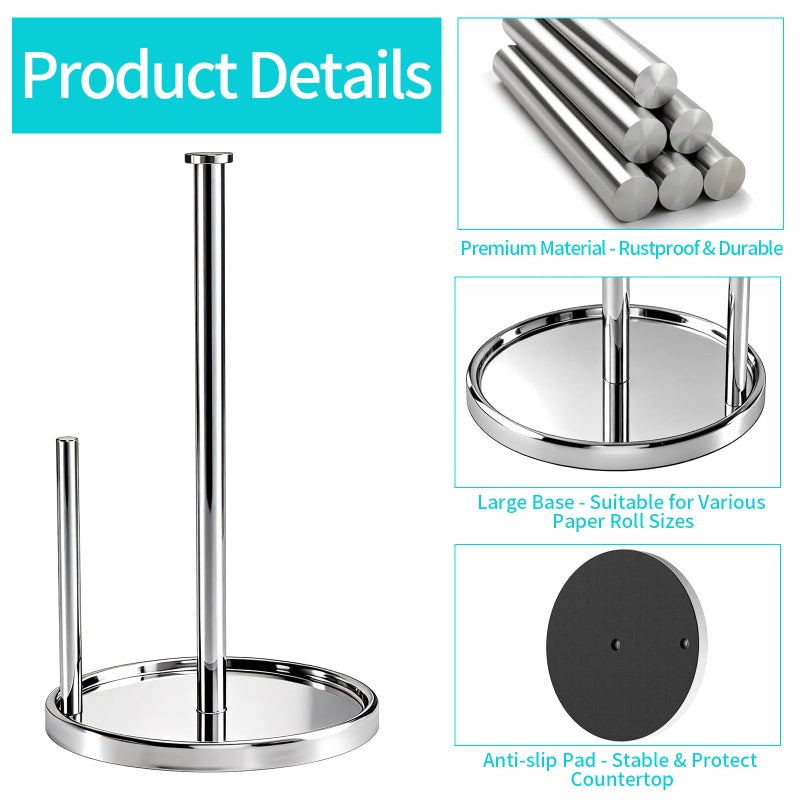 STWWO Paper Towel Holder Countertop, Standing Paper Roll Holder with Anti Slip Weighted Base, Stainless Steel Freestanding Paper Towel Holder for Kitchen, Chrome - Image 4