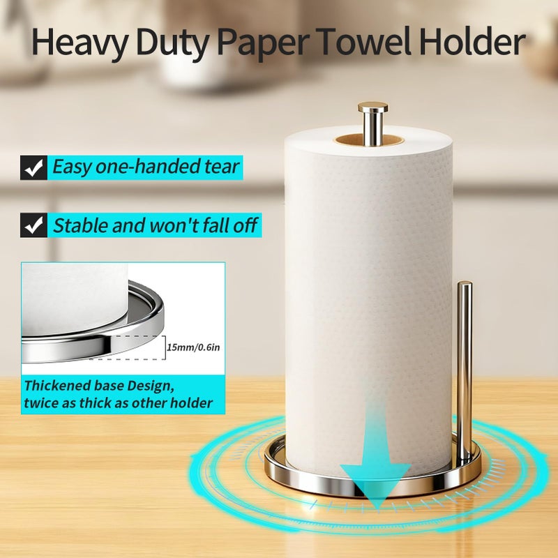 STWWO Paper Towel Holder Countertop, Standing Paper Roll Holder with Anti Slip Weighted Base, Stainless Steel Freestanding Paper Towel Holder for Kitchen, Chrome - Image 3