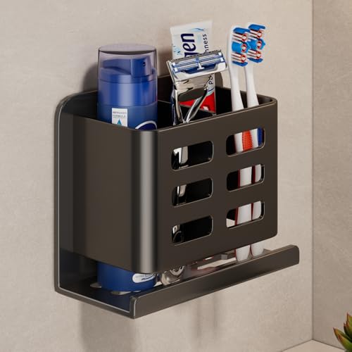 YESENT Black Wall-Mounted Toothbrush Holder, Aluminum Material Shower Shaver Storage Rack, No Drilling Required, Removable Toothpaste Storage Rack - Image 1