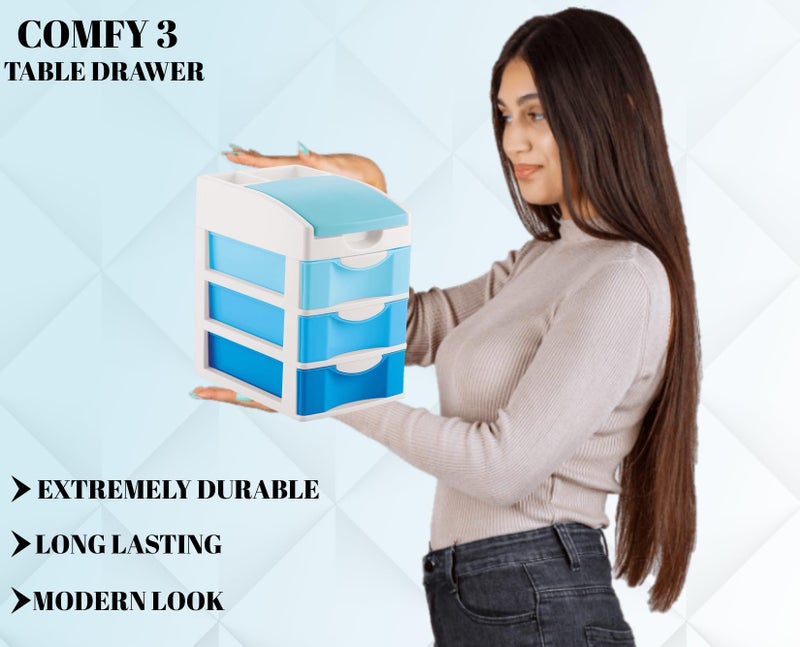 Nabhya Small Size Desktop Cosmetic & Make-up Organizers Drawer MulitPurpose Drawer Rack Organizers (Blue, 3 Layer) - Image 3