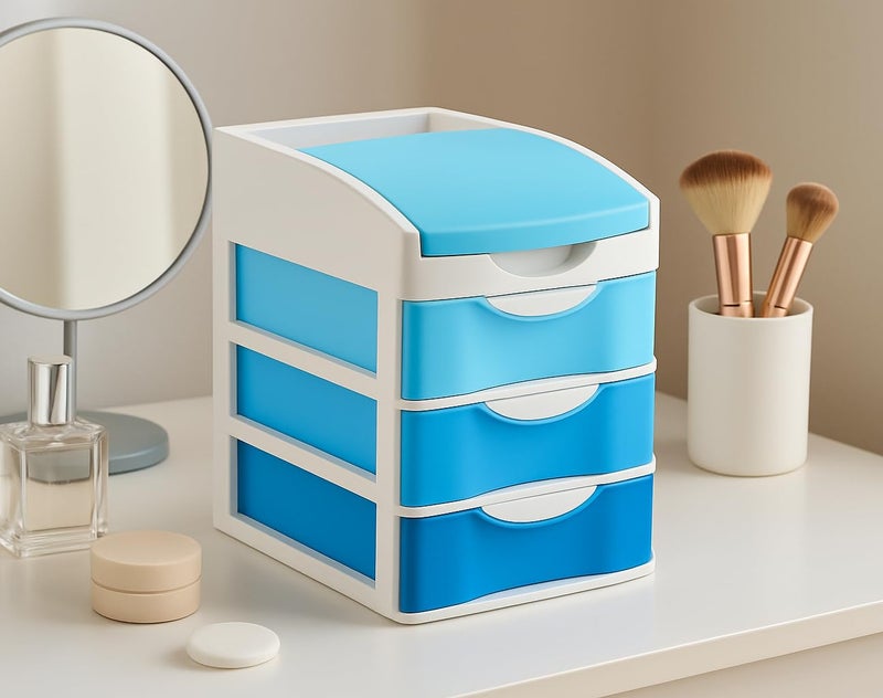 Nabhya Small Size Desktop Cosmetic & Make-up Organizers Drawer MulitPurpose Drawer Rack Organizers (Blue, 3 Layer) - Image 1