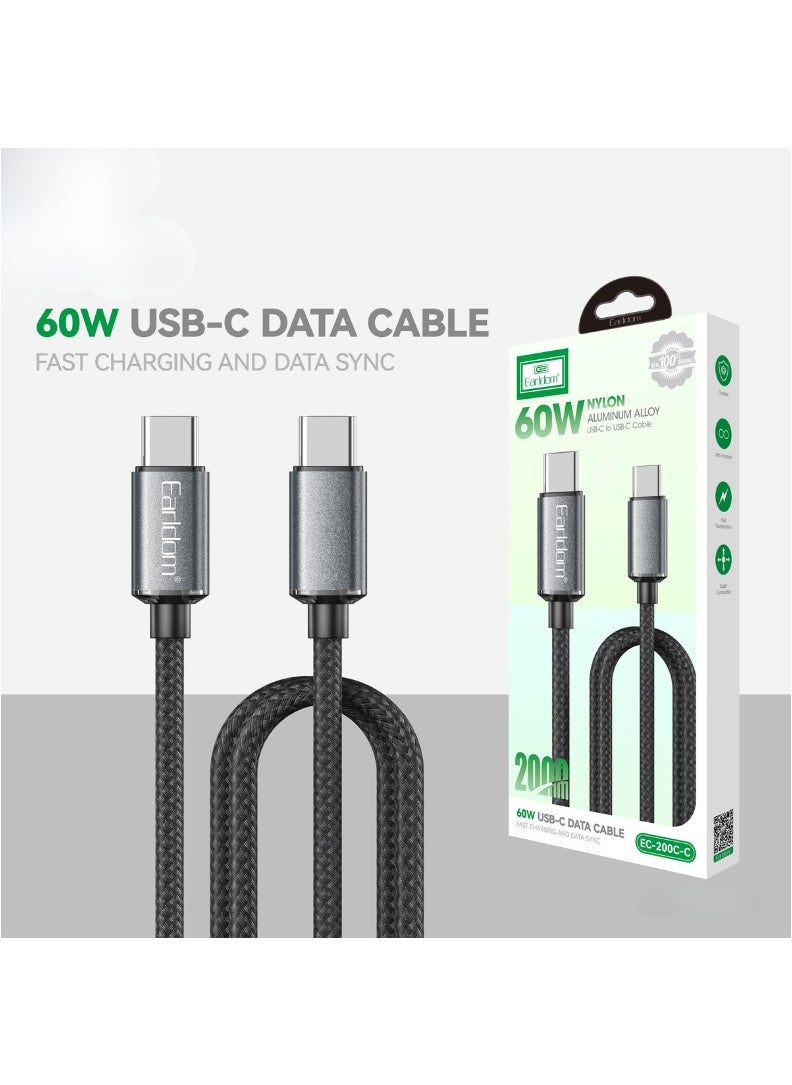 Earldom 60W USB-C to USB-C Fast Charging Cable – 2M Nylon Braided with Aluminum Alloy Connectors – Black & Grey  - Image 1