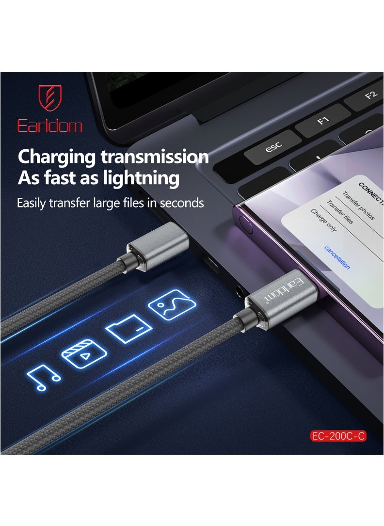 Earldom 60W USB-C to USB-C Fast Charging Cable – 2M Nylon Braided with Aluminum Alloy Connectors – Black & Grey  - Image 2