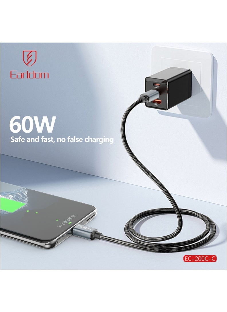 Earldom 60W USB-C to USB-C Fast Charging Cable – 2M Nylon Braided with Aluminum Alloy Connectors – Black & Grey  - Image 3