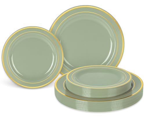 Whaline 50Pcs Sage Green Plastic Plates Gold Foil Bordered Disposable Plates Decorative Dinner Dessert Plates for Bridal Shower Wedding Party Supplies Table Decor