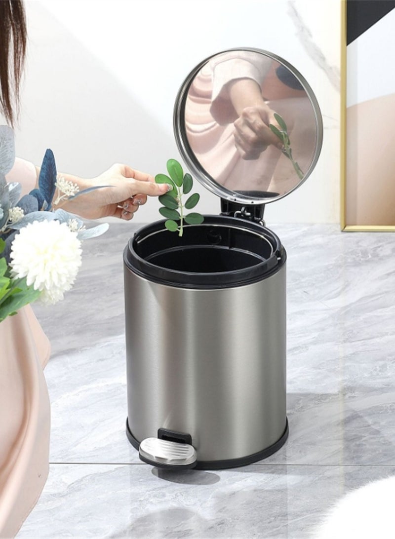 8L Trash Can, Brushed Stainless Steel Dustbin, Round Trash Bin With Soft-Close Foot Pedal, Smudge Resistant Dust Bin for Kitchen Bathroom Bedroom Living Room (8L- Silver)  - Image 1