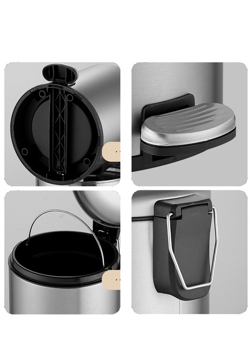 8L Trash Can, Brushed Stainless Steel Dustbin, Round Trash Bin With Soft-Close Foot Pedal, Smudge Resistant Dust Bin for Kitchen Bathroom Bedroom Living Room (8L- Silver)  - Image 3