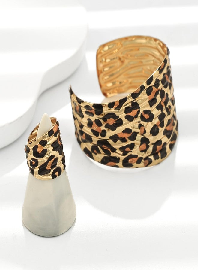 OIDIMS Chunky Leopard Print Bracelet Ring Set for Women Ladies Gold-Tone Plated Wide Open Wrap Cuff Bangle Adjustable Finger Band Exaggerated Boho Statement Unique Jewelry Fashion Party Accessories - Image 4