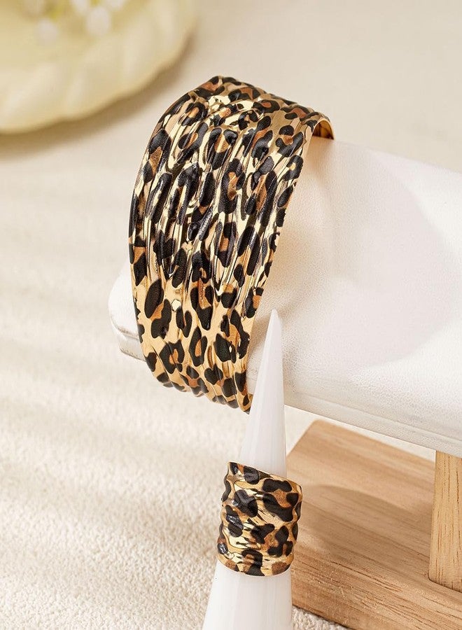 OIDIMS Chunky Leopard Print Bracelet Ring Set for Women Ladies Gold-Tone Plated Wide Open Wrap Cuff Bangle Adjustable Finger Band Exaggerated Boho Statement Unique Jewelry Fashion Party Accessories - Image 5