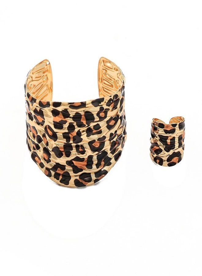 OIDIMS Chunky Leopard Print Bracelet Ring Set for Women Ladies Gold-Tone Plated Wide Open Wrap Cuff Bangle Adjustable Finger Band Exaggerated Boho Statement Unique Jewelry Fashion Party Accessories - Image 1