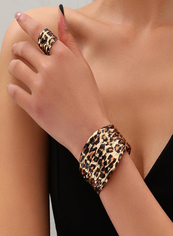 OIDIMS Chunky Leopard Print Bracelet Ring Set for Women Ladies Gold-Tone Plated Wide Open Wrap Cuff Bangle Adjustable Finger Band Exaggerated Boho Statement Unique Jewelry Fashion Party Accessories - Image 2
