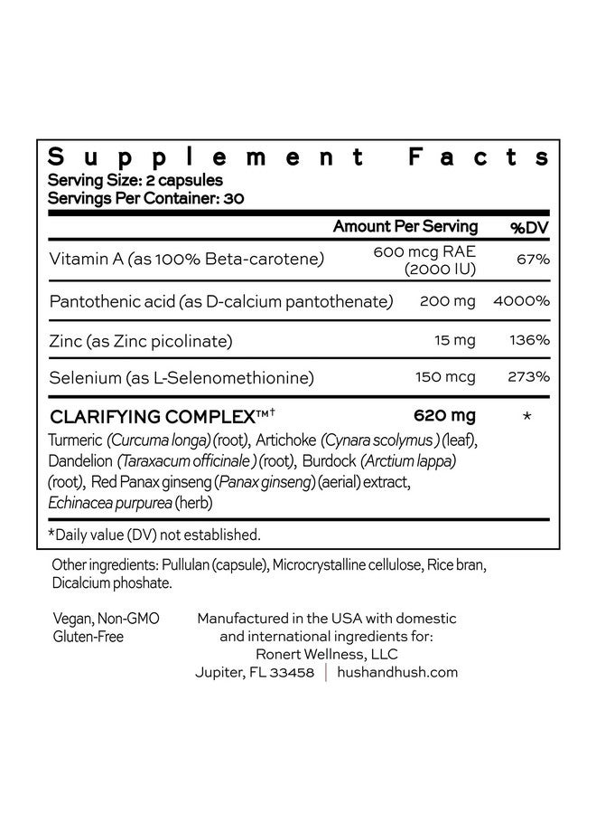 Hush & Hush Hush & Hush SkinCapsule™ Clear+, Skin Care Supplement, Vegan, Acne Treatment for face, Clean Nutraceuticals Supplements That Contains Vitamin A, Turmeric, Dandelion Root, Zinc - 60 Capsules - Image 5
