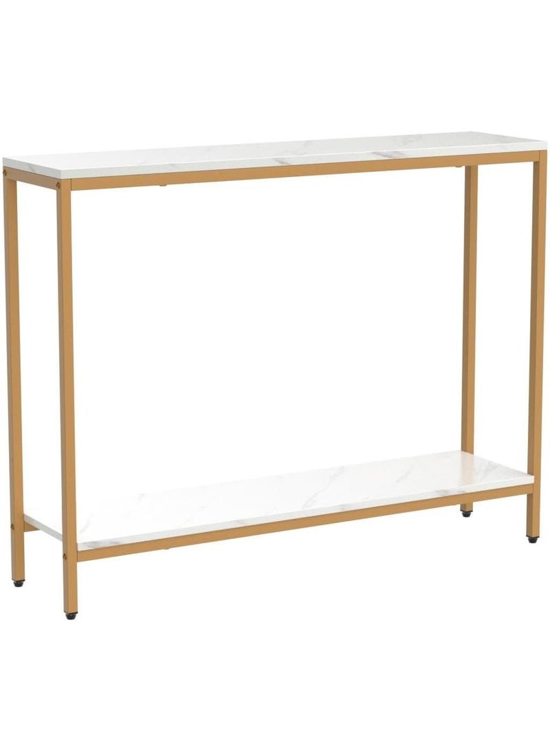 loglus طاولة كونسول عصرية بطبقة مزدوجة | سطح MDF بنمط رخام مزيف مع إطار معدني ذهبي | لطاولات المدخل، صالة المعيشة، المكتب أو العرض | تصميم صغير المساحة، متين وأنيق - Image 1