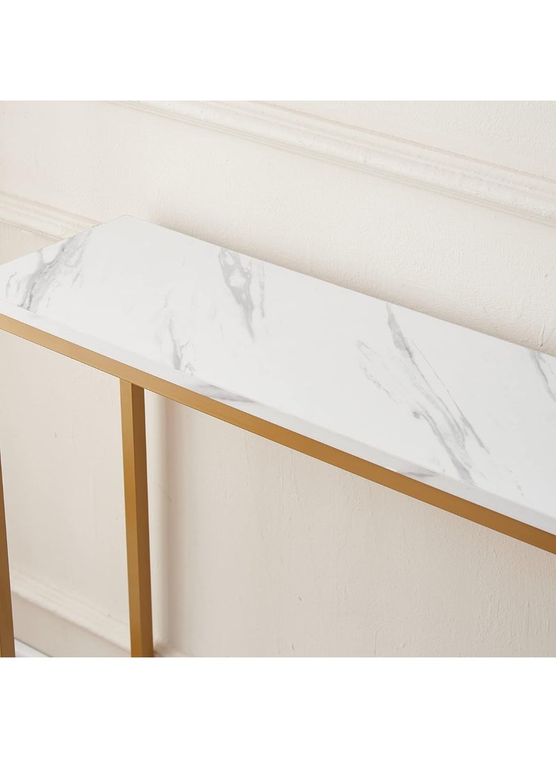 loglus طاولة كونسول عصرية بطبقة مزدوجة | سطح MDF بنمط رخام مزيف مع إطار معدني ذهبي | لطاولات المدخل، صالة المعيشة، المكتب أو العرض | تصميم صغير المساحة، متين وأنيق - Image 3