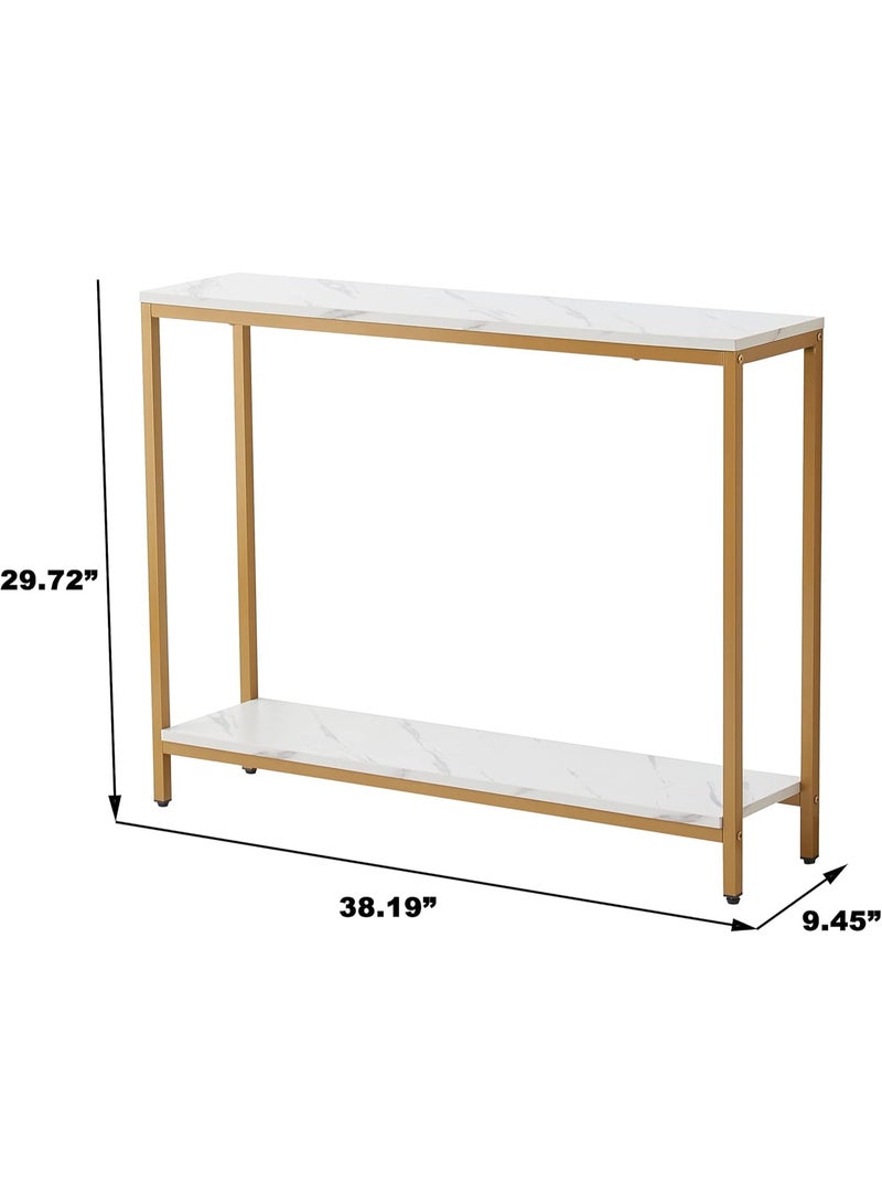 loglus طاولة كونسول عصرية بطبقة مزدوجة | سطح MDF بنمط رخام مزيف مع إطار معدني ذهبي | لطاولات المدخل، صالة المعيشة، المكتب أو العرض | تصميم صغير المساحة، متين وأنيق - Image 2