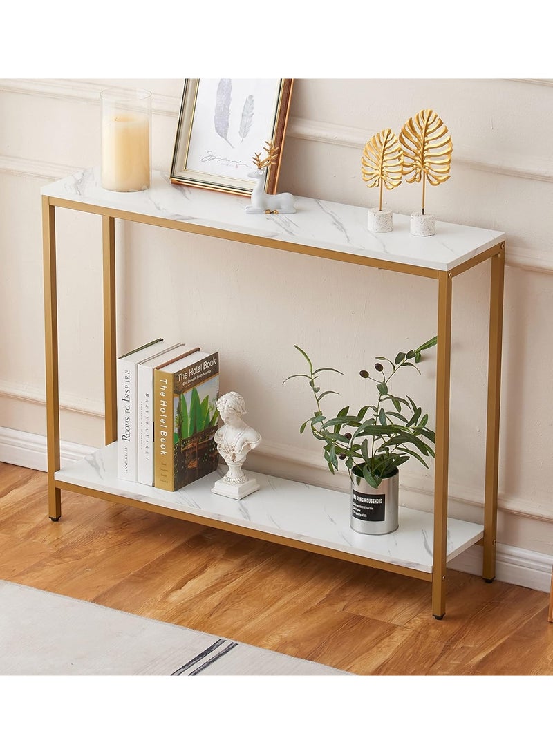 loglus طاولة كونسول عصرية بطبقة مزدوجة | سطح MDF بنمط رخام مزيف مع إطار معدني ذهبي | لطاولات المدخل، صالة المعيشة، المكتب أو العرض | تصميم صغير المساحة، متين وأنيق - Image 5