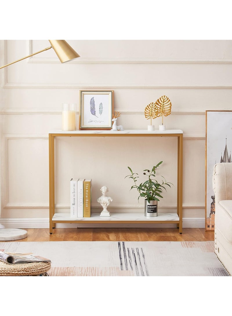 loglus طاولة كونسول عصرية بطبقة مزدوجة | سطح MDF بنمط رخام مزيف مع إطار معدني ذهبي | لطاولات المدخل، صالة المعيشة، المكتب أو العرض | تصميم صغير المساحة، متين وأنيق - Image 4