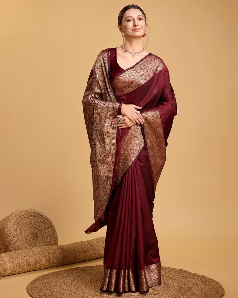 AMIRAT Women's Banarasi silk plain saree With Golden Zari Woven Border With Blouse Piece (maroon) - Image 4