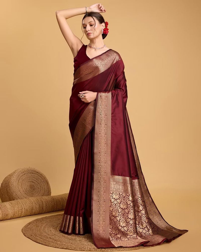 AMIRAT Women's Banarasi silk plain saree With Golden Zari Woven Border With Blouse Piece (maroon) - Image 2