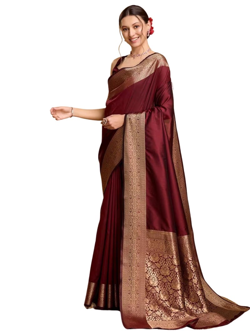 AMIRAT Women's Banarasi silk plain saree With Golden Zari Woven Border With Blouse Piece (maroon) - Image 1