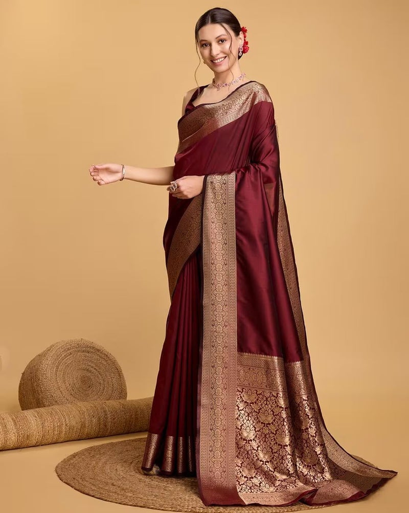 AMIRAT Women's Banarasi silk plain saree With Golden Zari Woven Border With Blouse Piece (maroon) - Image 3