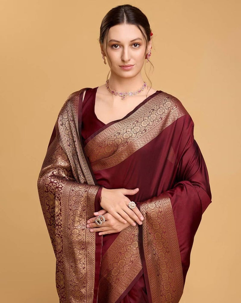 AMIRAT Women's Banarasi silk plain saree With Golden Zari Woven Border With Blouse Piece (maroon) - Image 5