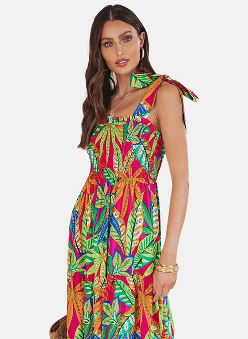 YUNIQEE Red & Green Floral Printed Square Neck Sleeveless Smocked Detail Maxi Dress