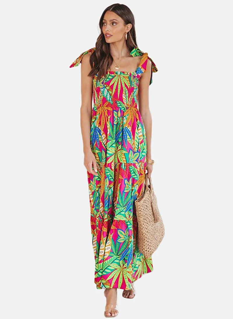 YUNIQEE Red & Green Floral Printed Square Neck Sleeveless Smocked Detail Maxi Dress