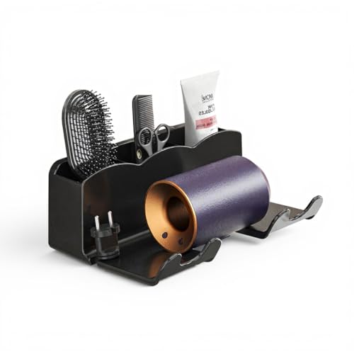 SNAPPSY Wall Mounted Hair Dryer Storage Rack Non-Perforated Bracket with Brush, Comb, Scissors Holders and Cord Storage 8kg Load Capacity, Black or White Finish - Image 1