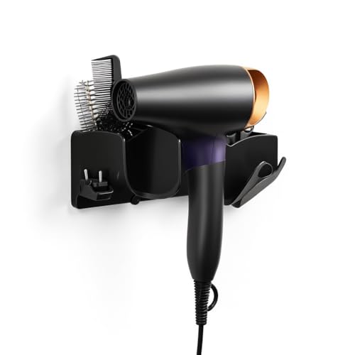 SNAPPSY Wall Mounted Hair Dryer Storage Rack Non-Perforated Bracket with Brush, Comb, Scissors Holders and Cord Storage 8kg Load Capacity, Black or White Finish - Image 3