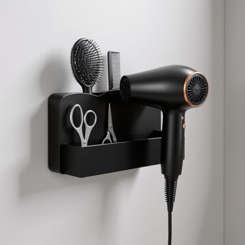 SNAPPSY Wall Mounted Hair Dryer Storage Rack Non-Perforated Bracket with Brush, Comb, Scissors Holders and Cord Storage 8kg Load Capacity, Black or White Finish - Image 4